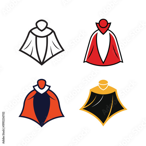 Four different colored capes with hoods  white red orange and black with yellow outlines