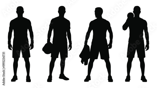 Foto Four male silhouettes stand in various poses seemingly engaged in athletic activ