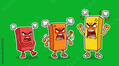 Cartoon Angry Blocks Displaying Frustration and Aggression on Green Background.