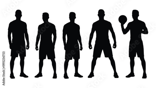 Foto Silhouettes of five men some in athletic poses against a stark white background