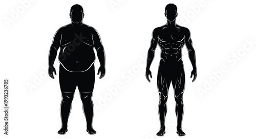 Before and After Fitness Transformation Vector with Overweight and Muscular Male Body Silhouettes in Black Human Anatomy Illustration