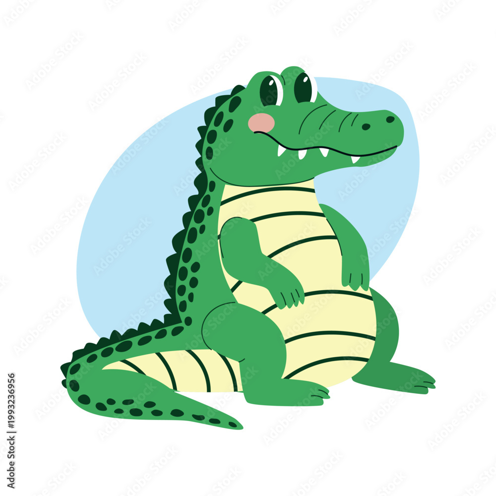 Obraz premium Cartoon crocodile character with a friendly expression, sitting on a light blue background, featuring a green body and yellow belly stripes