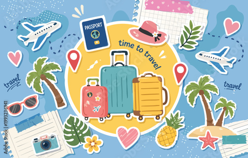 Colorful Travel Sticker Collage with Suitcases, Airplane and Summer Vacation Elements