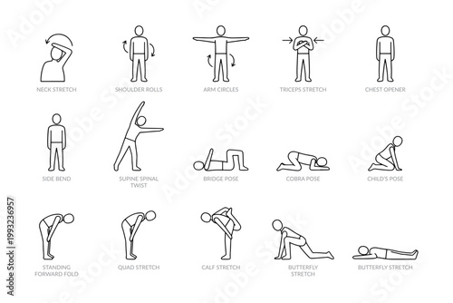 Minimalist stretching exercise icons set, 14 line art yoga poses and workout movements, black and white fitness instruction illustrations for wellness