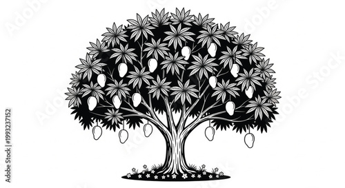Detailed Black and White Mango Tree Vector Illustration with Dense Leaves Hanging Fruits and Decorative Floral Base in Minimal Line Art Style