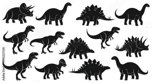 Dinosaur Silhouette Set with Multiple Prehistoric Species Including T Rex Triceratops and Stegosaurus in Clean Black Vector Collection Design