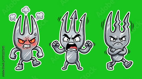 Cartoon Angry Forks Displaying Various Emotions on Green Background.