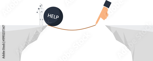 Humanoid robot assistance business concept bridging gap problem solving artificial intelligence technology challenge crisis management human hand drawing line cliff edge help support