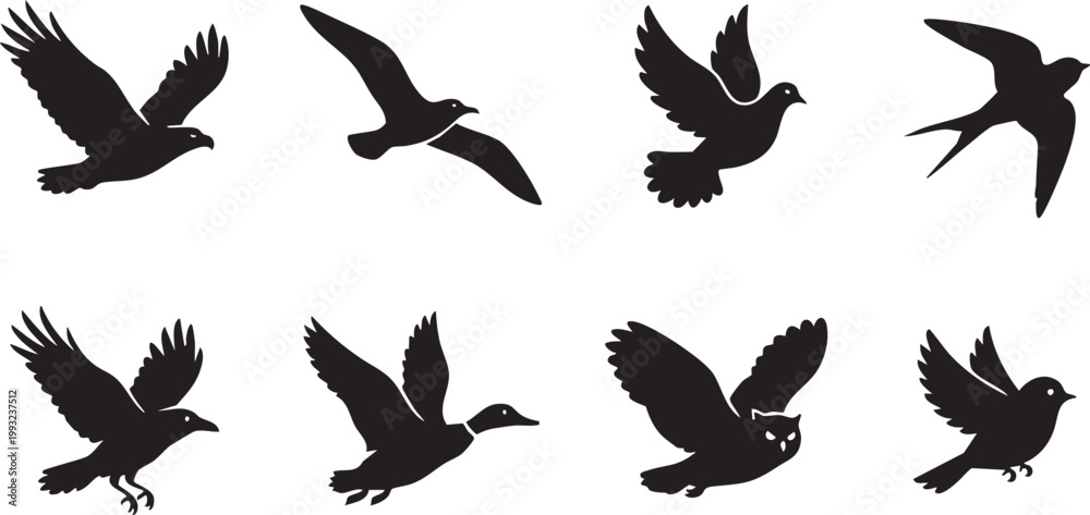 Obraz premium Bird Silhouette Icons Set – Flying Birds Vector Collection for Design, Logo & Creative Projects