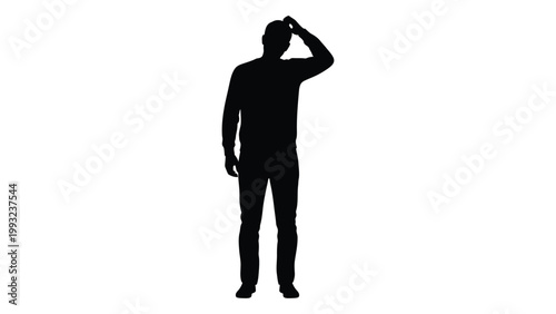 Foto A silhouetted figure of a man with his hand raised to his head appearing to pond