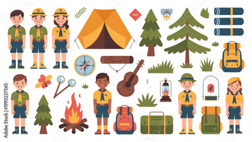 A colorful vector graphic illustration of a scout camp with cartoon characters and various camping gear on transparent background