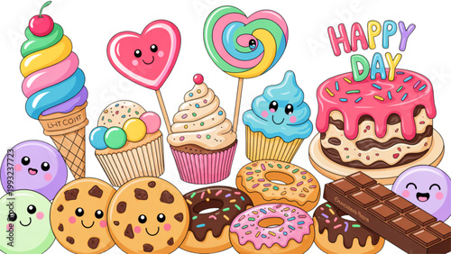 A colorful cartoon illustration of various sweet treats with smiling faces on transparent background
