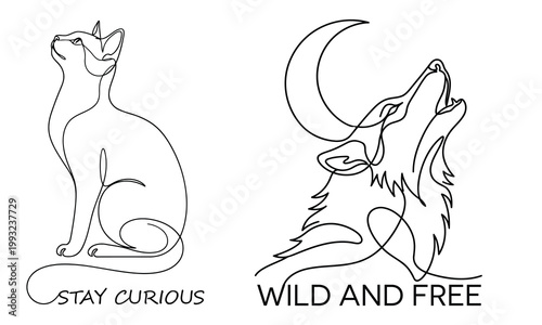 Stay Curious Wild And Free - One line drawing of a sitting cat looking up and a howling wolf head with crescent moon