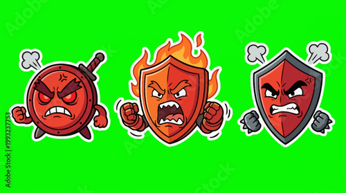 Cartoon Angry Shields with Fiery Expressions and Furious Emotions.
