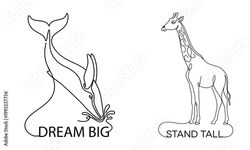 Dream Big Stand Tall - Minimalist line art of a breaching whale tail and a tall giraffe standing