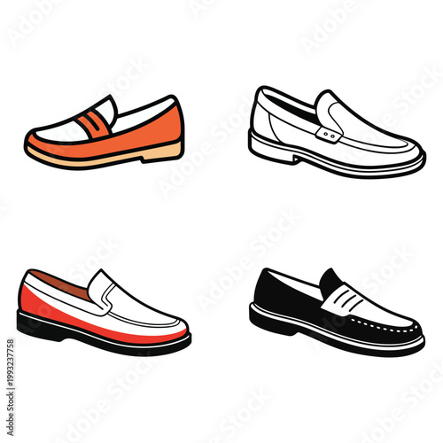 Four different colored loafer shoes for men and women  red white black and white  various designs and colors  stylish footwear  comfortable shoes