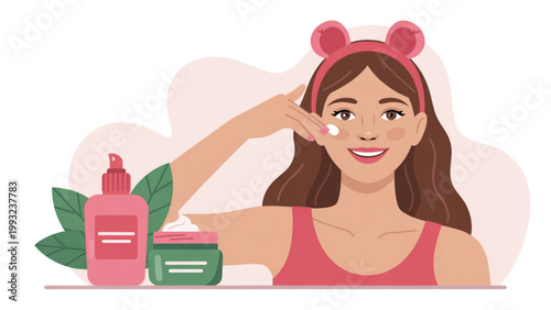 A cartoon woman applying skincare cream on her face with a pink headband on transparent background