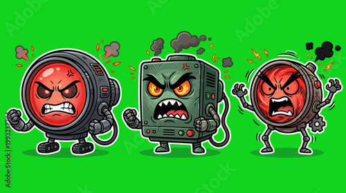 Cartoon Angry Robots with Fiery Eyes and Expressive Emotions on Green Background.