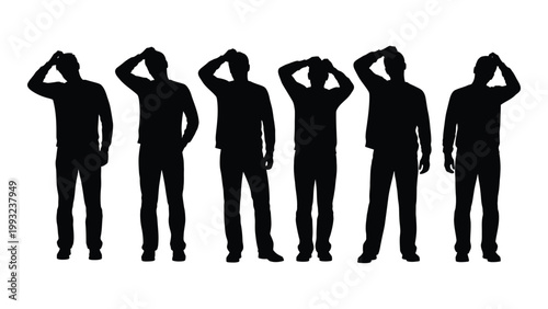 A row of six silhouetted men with hands on heads appearing contemplative