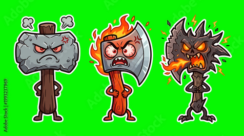 Cartoon Angry Weapons - Hammer, Axe, and Spiked Club with Expressions.