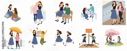 Modern Flat Design Illustration Set of Young Female Student Daily Life and Friendship Activities