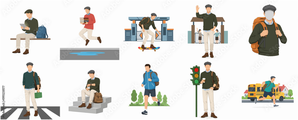 Fototapeta premium Modern Flat Design Young Male Student Character Urban Daily Life Commuting and Travel Activities Collection Illustration Set