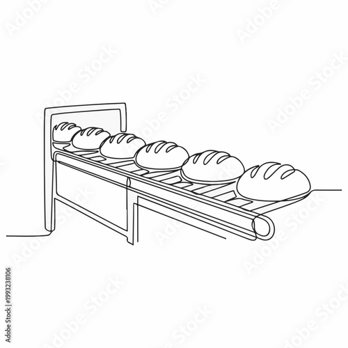 Line art of loaves of bread on a factory conveyor belt, demonstrating a food production line