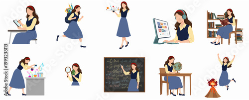 Modern Flat Design Female Student Character Engaging Various Educational Learning Activities Illustration Set