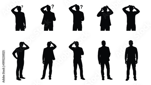 Fotografía Silhouettes of men with hands on heads in various poses expressing confusion
