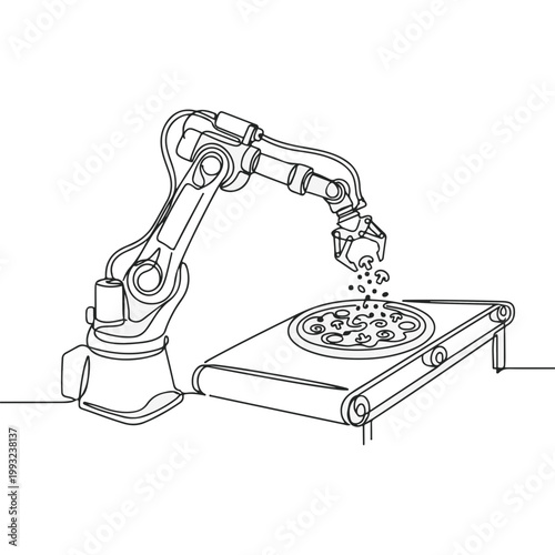 Robotic Arm Making Pizza on Conveyor Belt in Minimalist Outline Style