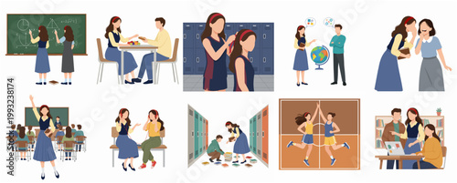Modern Flat Illustration of Young Student Characters Engaged in Various School and Education Activities Scene Collection