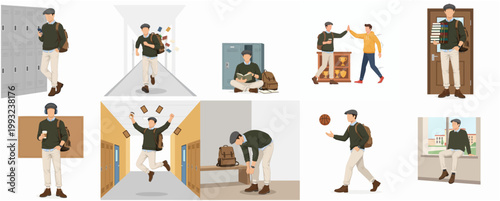 Flat Illustration Diverse Scenes of Young Male Student Daily School Life Activities Collection