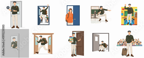 Flat Design Modern Character Illustration Set of Young Man Experiencing Diverse Door Related Scenarios and Life Events Concept