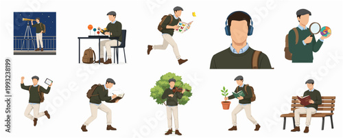 Flat Character Illustration Set Young Man Engaged in Various Hobbies Learning Science Nature and Daily Activities