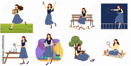 Modern Flat Illustration Set Featuring Young Woman Engaged in Diverse Educational Reading and Outdoor Leisure Activities Character Collection