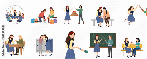 Flat Modern Character Illustration Set Depicting Young Women Students Friends Social Interaction Education Daily Life Activity Collection