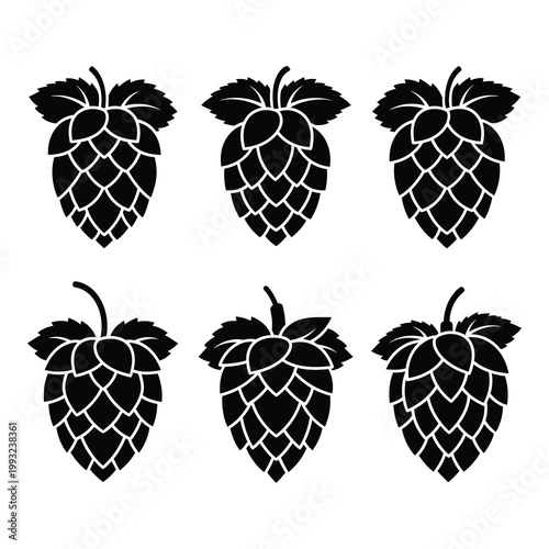 Six black hop cones with leaves on white background icon