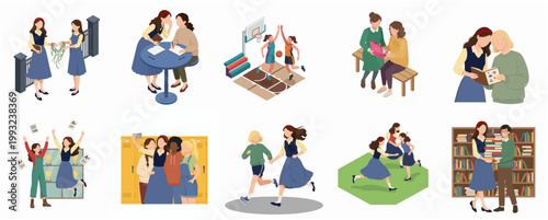 Modern Flat Illustration Set Depicting Diverse Women and Girls Engaged in Various Social Activities and Friendship