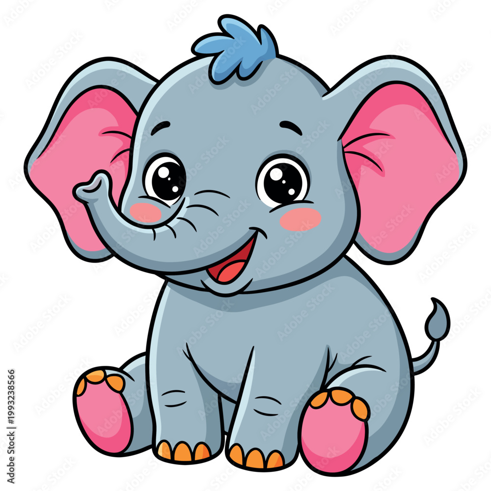 Fototapeta premium Cute baby elephant cartoon character, happy sitting elephant vector, blue jungle animal mascot