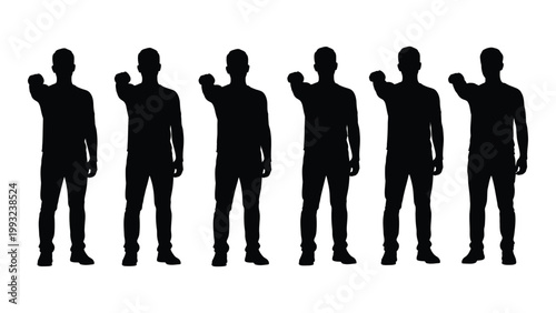 A row of six silhouetted men with arms raised showcasing varied poses and gestures