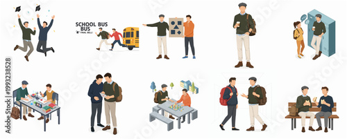 Modern Flat Design Young Male Student School Life Education Activity Isolated Set Illustration