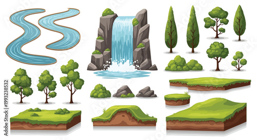 Set of 20 Isometric Game Environment Vector Assets with Waterfall, Trees, and Grass Islands