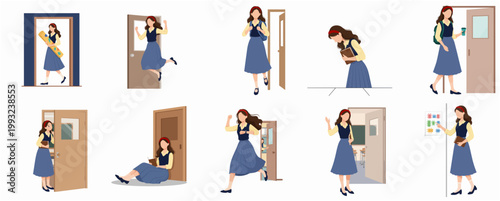 Flat Character Illustration of a Young Woman Student Showing Various Activities and Emotions in School Environment
