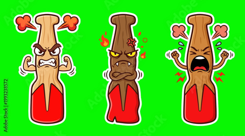 Cartoon bottle characters with angry expressions and red liquid inside.