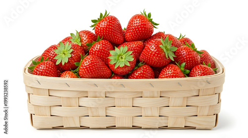 Fresh glossy red strawberries with bright green caps overflowing from a light woven wooden basket on a white background.