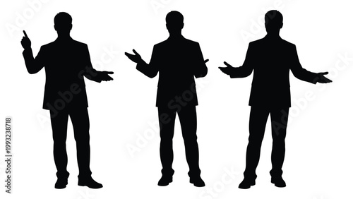 Three silhouetted business men in suits gesturing with hands against a white background