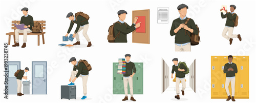 Modern Flat Illustration Set of Young College Student Man Daily Activities in University Campus Lifestyle