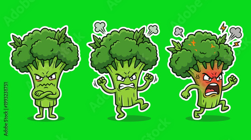 Cartoon Broccoli Characters Expressing Anger and Frustration on Green Background.