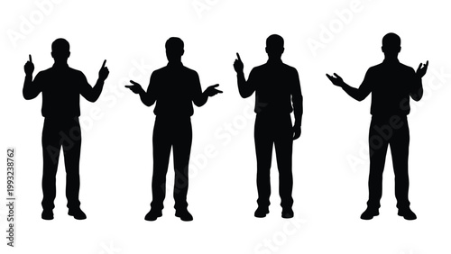 Four silhouetted men demonstrate various hand gestures and poses against a white background