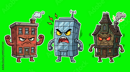 Cartoon Buildings Displaying Anger and Aggression on Green Background.